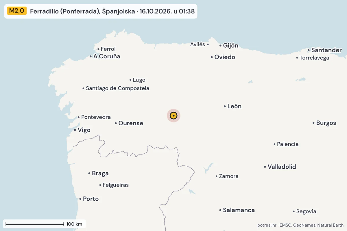 Karta: šire područje, 600 km, potres M2,0, Ferradillo (Ponferrada), Španjolska, 16.10.2026.