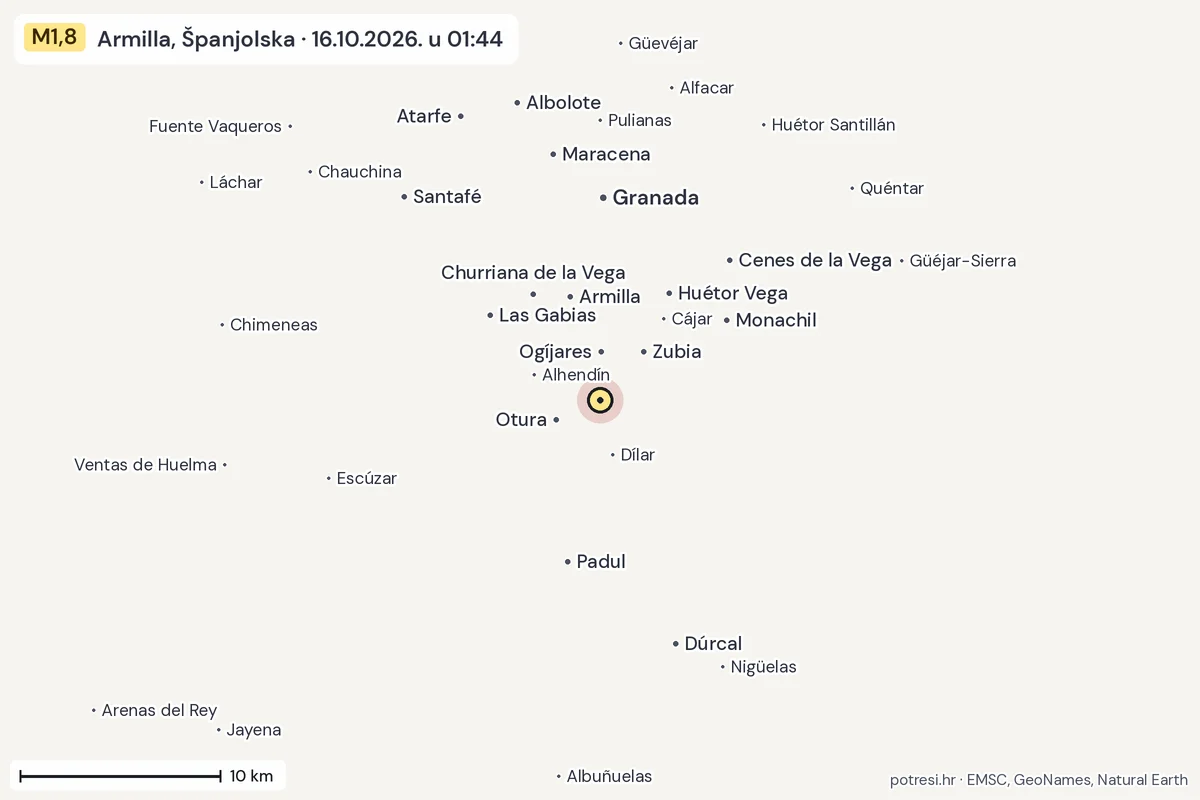 Karta: okolica epicentra, 60 km, potres M1,8, Armilla, Španjolska, 16.10.2026.