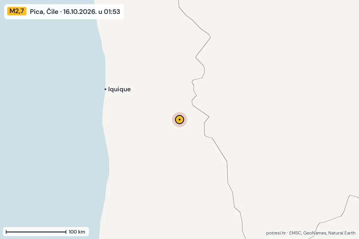 Karta: šire područje, 600 km, potres M2,7, Pica, Čile, 16.10.2026.