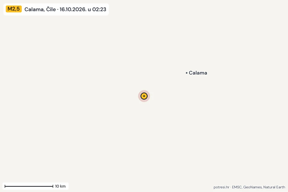 Karta: okolica epicentra, 60 km, potres M2,5, Calama, Čile, 16.10.2026.