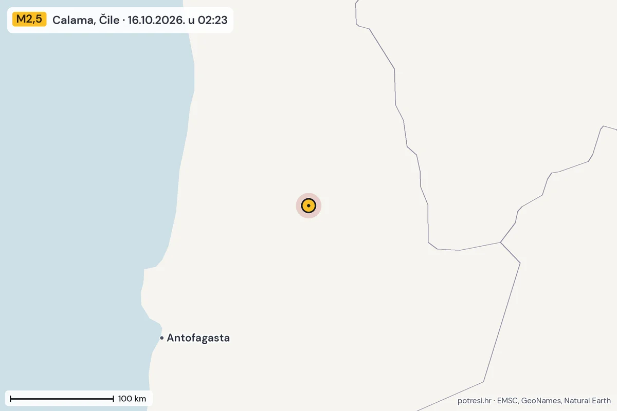 Karta: šire područje, 600 km, potres M2,5, Calama, Čile, 16.10.2026.