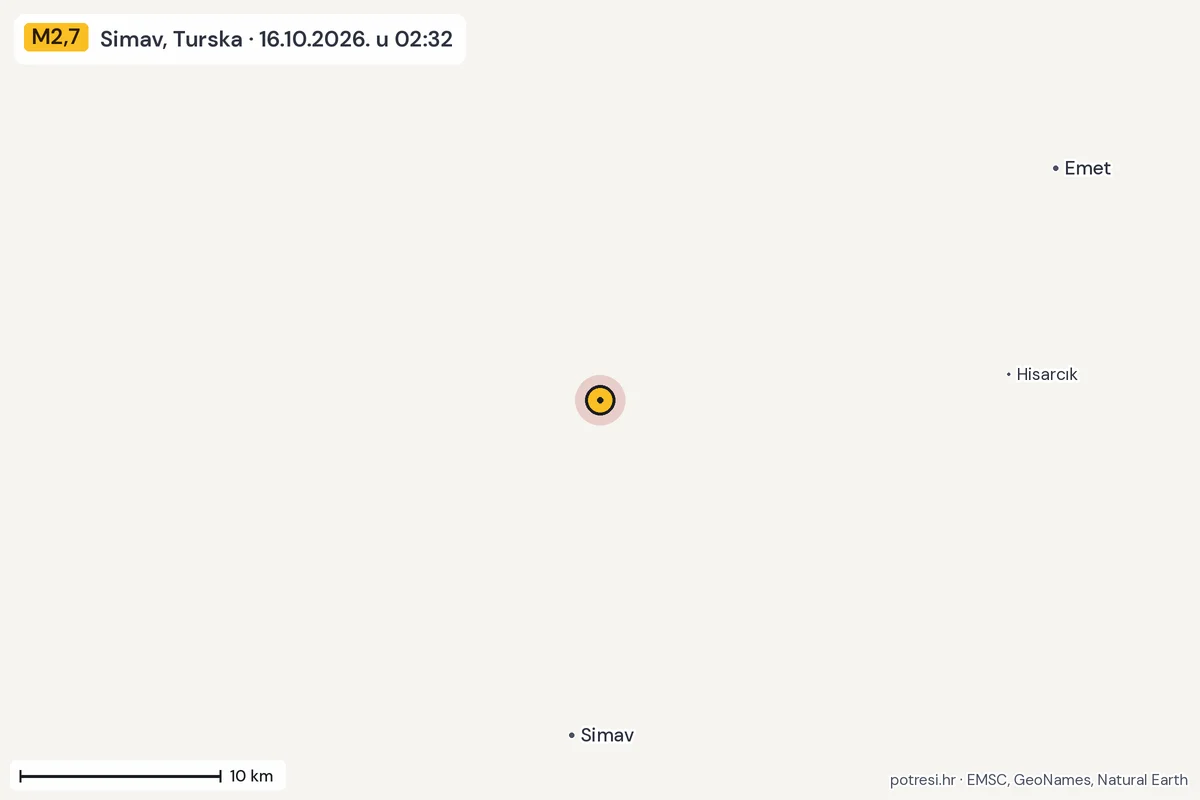 Karta: okolica epicentra, 60 km, potres M2,7, Simav, Turska, 16.10.2026.