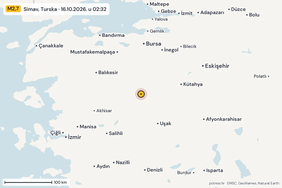 Karta: šire područje, 600 km, potres M2,7, Simav, Turska, 16.10.2026.