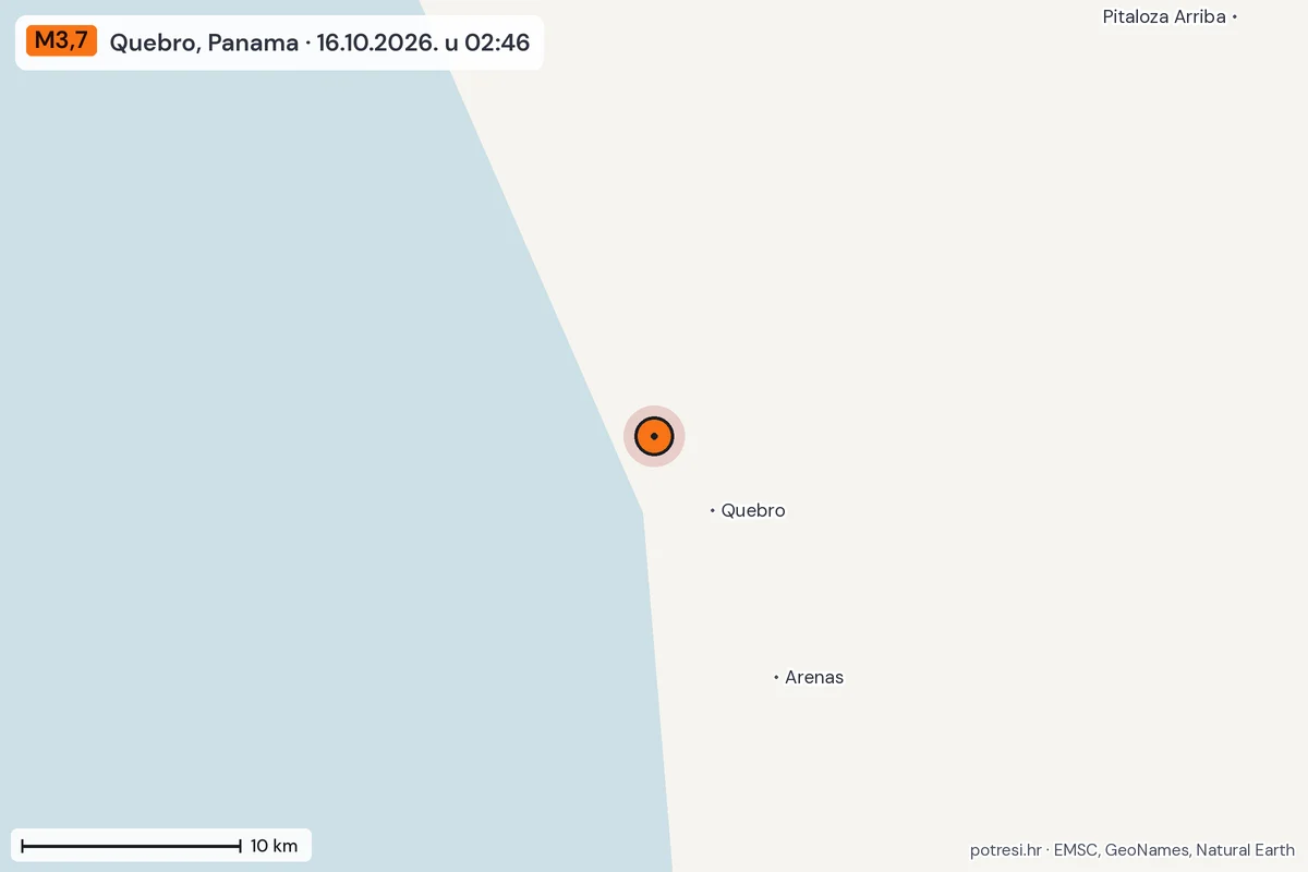 Karta: okolica epicentra, 60 km, potres M3,7, Quebro, Panama, 16.10.2026.