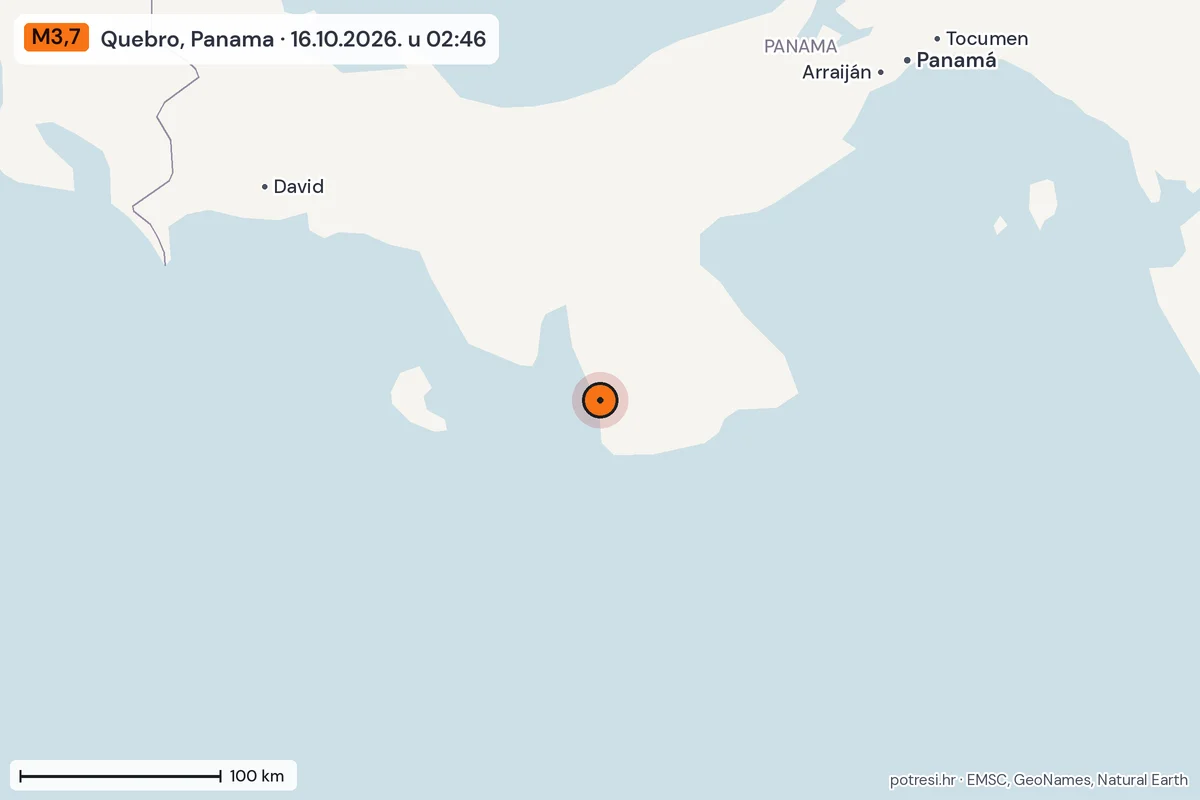 Karta: šire područje, 600 km, potres M3,7, Quebro, Panama, 16.10.2026.