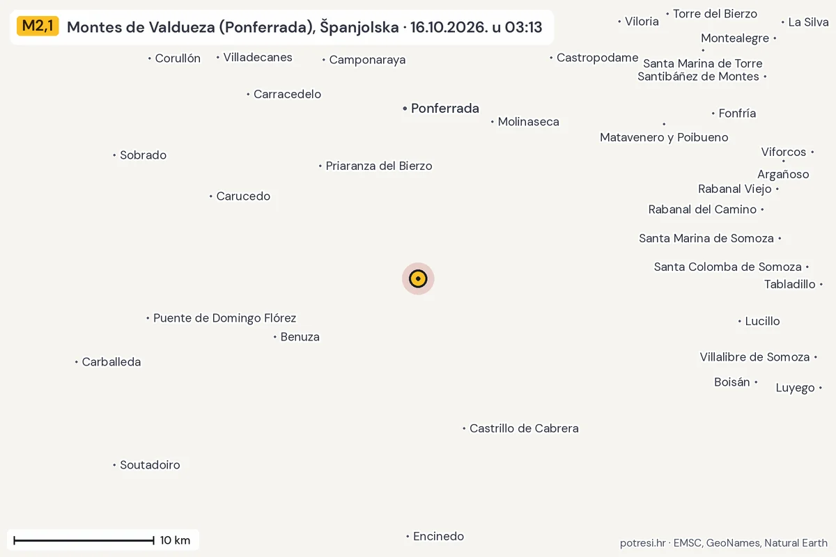 Karta: okolica epicentra, 60 km, potres M2,1, Montes de Valdueza (Ponferrada), Španjolska, 16.10.2026.