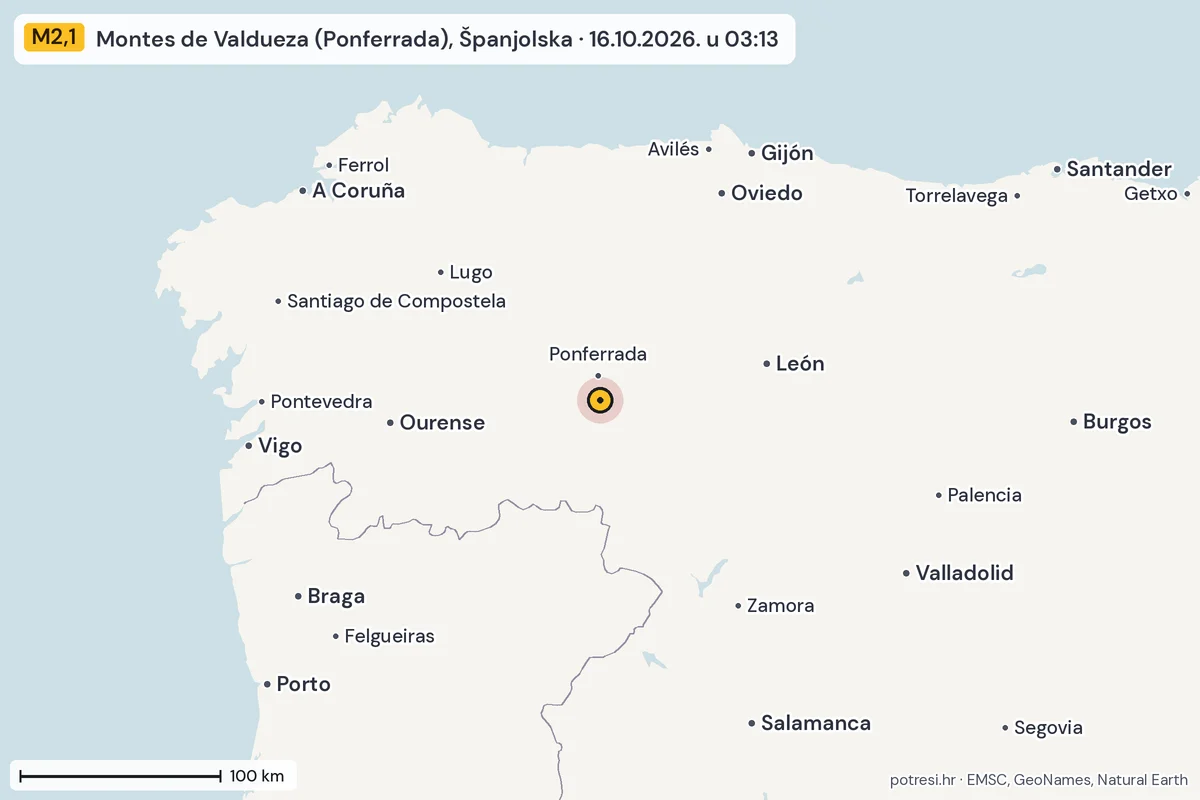 Karta: šire područje, 600 km, potres M2,1, Montes de Valdueza (Ponferrada), Španjolska, 16.10.2026.