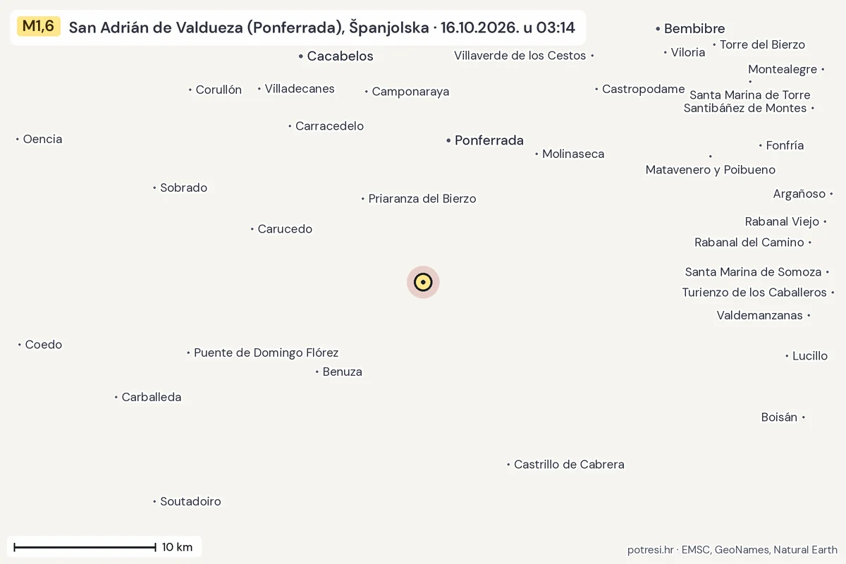 Karta: okolica epicentra, 60 km, potres M1,6, San Adrián de Valdueza (Ponferrada), Španjolska, 16.10.2026.