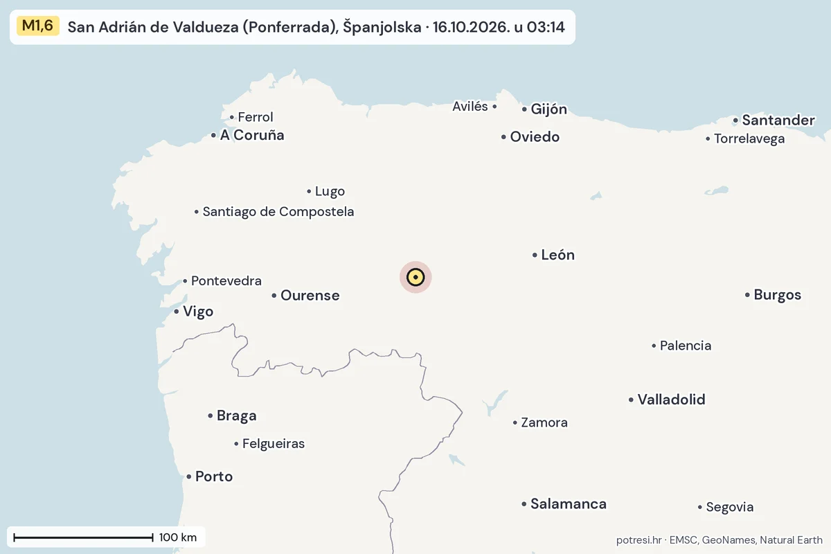 Karta: šire područje, 600 km, potres M1,6, San Adrián de Valdueza (Ponferrada), Španjolska, 16.10.2026.