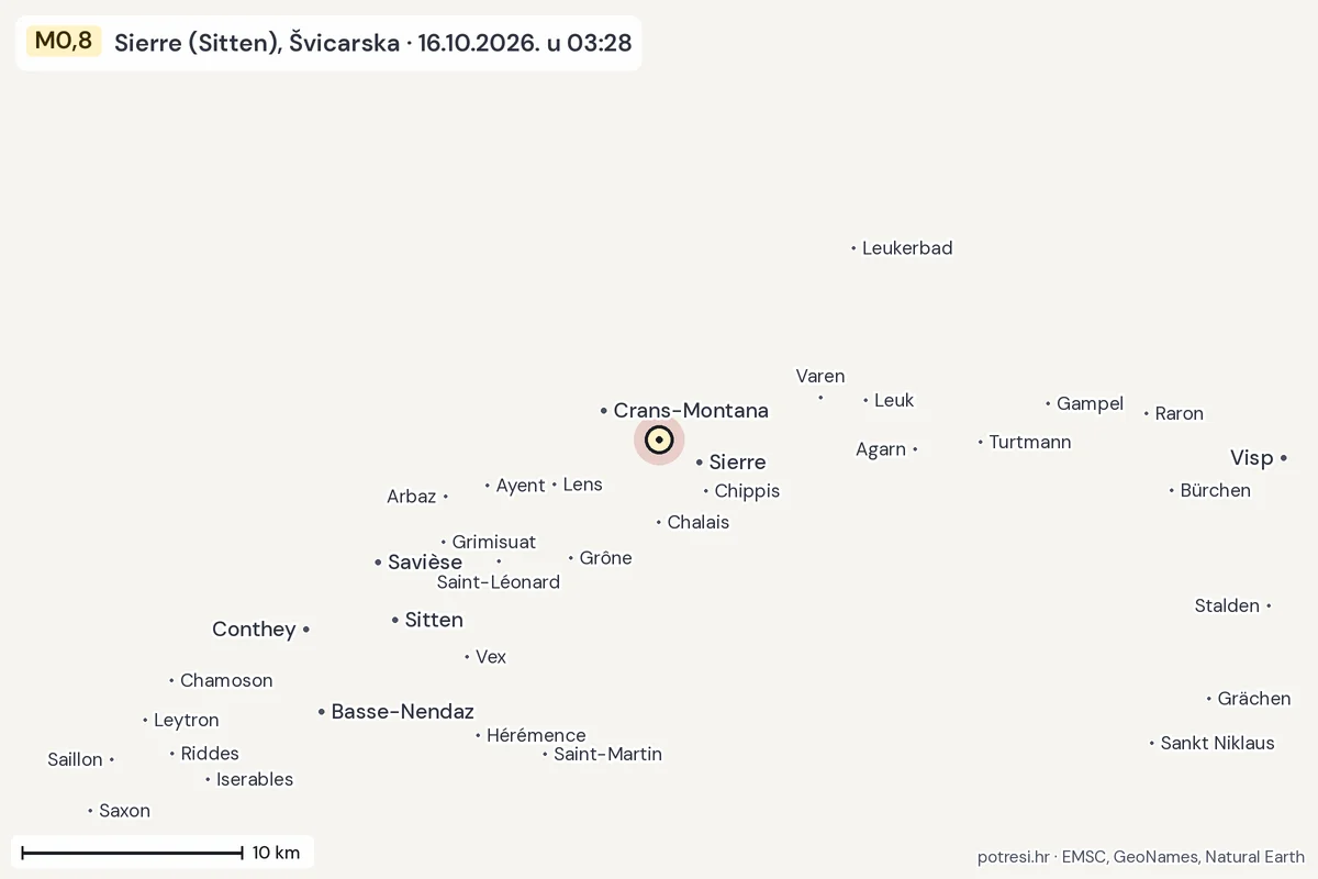 Karta: okolica epicentra, 60 km, potres M0,8, Sierre (Sitten), Švicarska, 16.10.2026.