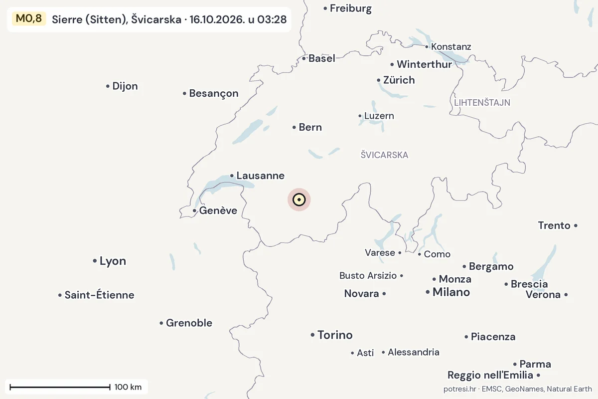 Karta: šire područje, 600 km, potres M0,8, Sierre (Sitten), Švicarska, 16.10.2026.