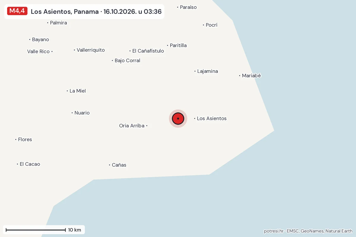 Karta: okolica epicentra, 60 km, potres M4,4, Los Asientos, Panama, 16.10.2026.