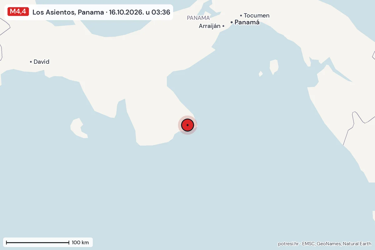 Karta: šire područje, 600 km, potres M4,4, Los Asientos, Panama, 16.10.2026.
