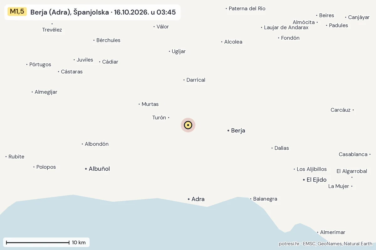 Karta: okolica epicentra, 60 km, potres M1,5, Berja (Adra), Španjolska, 16.10.2026.