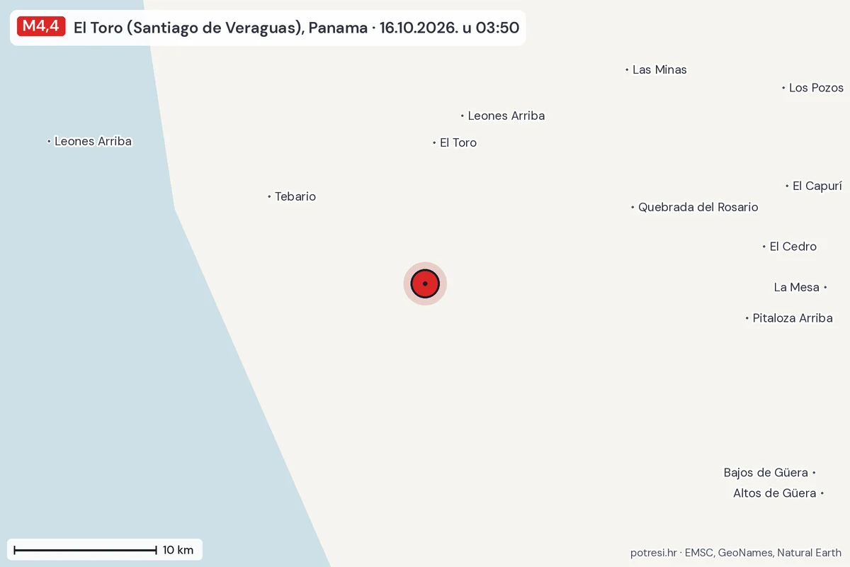 Karta: okolica epicentra, 60 km, potres M4,4, El Toro (Santiago de Veraguas), Panama, 16.10.2026.