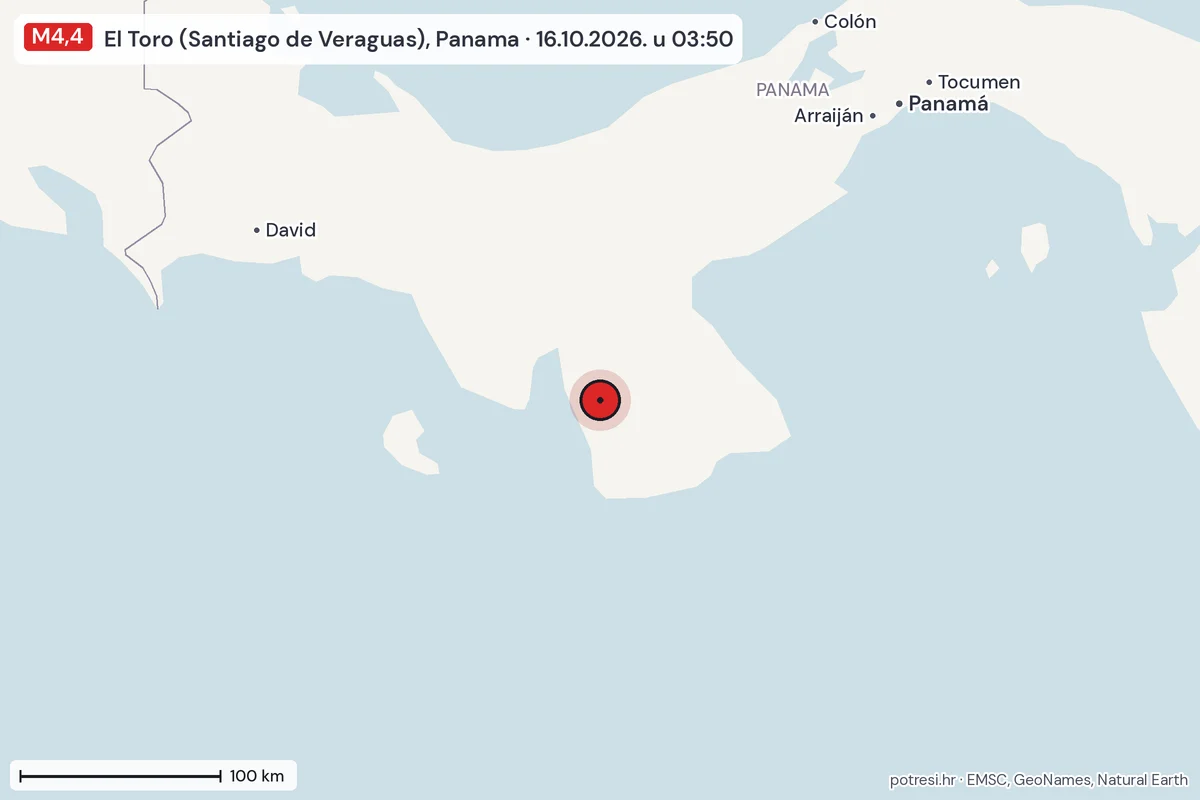Karta: šire područje, 600 km, potres M4,4, El Toro (Santiago de Veraguas), Panama, 16.10.2026.