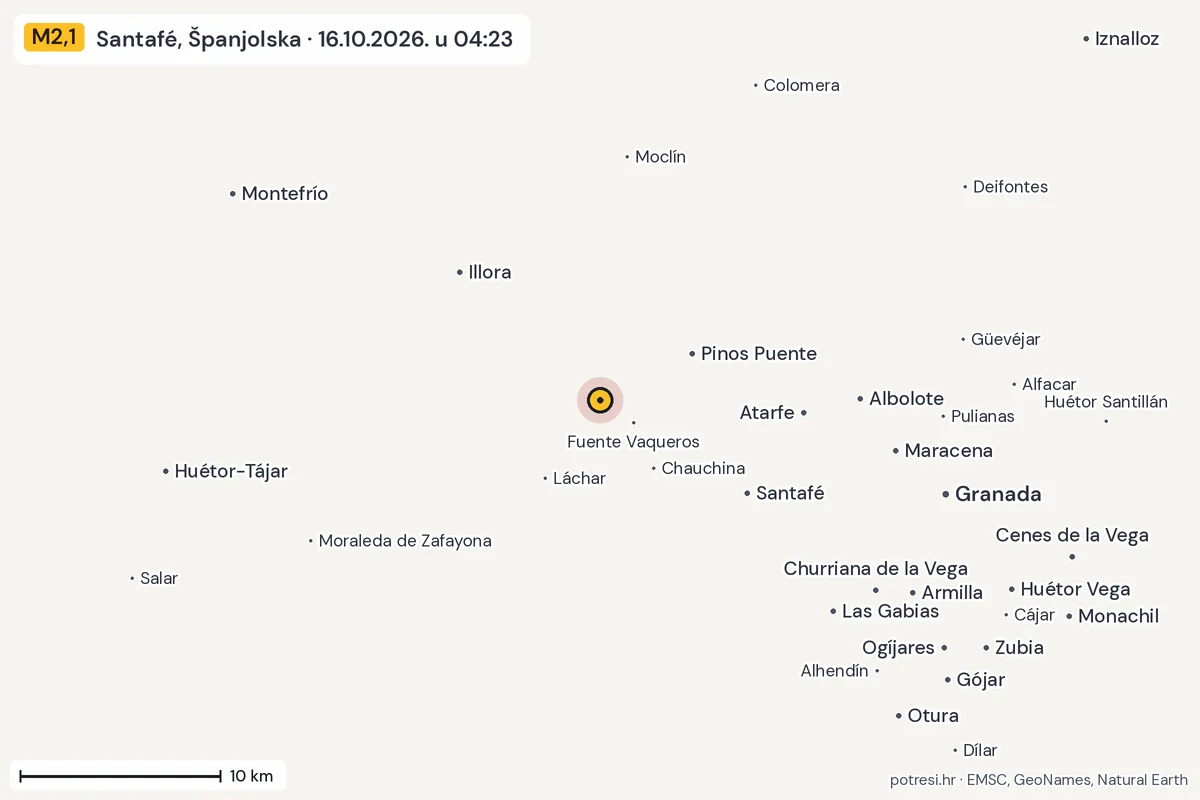 Karta: okolica epicentra, 60 km, potres M2,1, Santafé, Španjolska, 16.10.2026.
