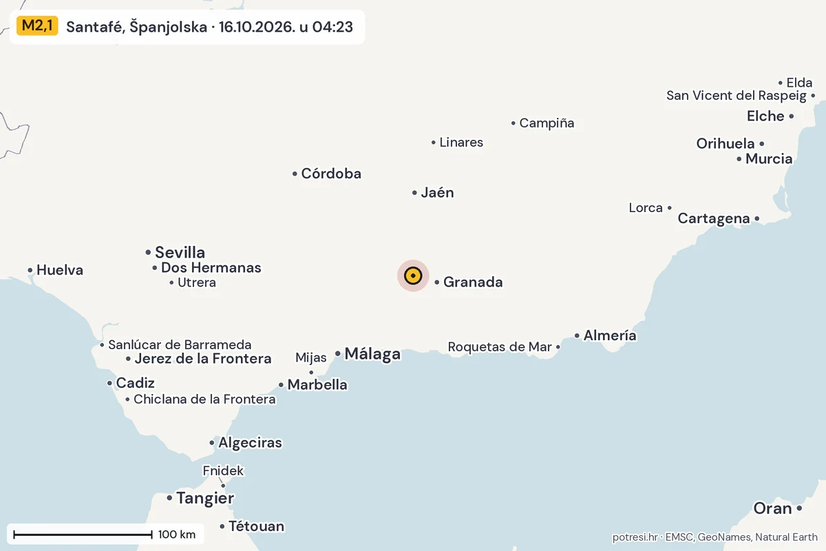 Karta: šire područje, 600 km, potres M2,1, Santafé, Španjolska, 16.10.2026.