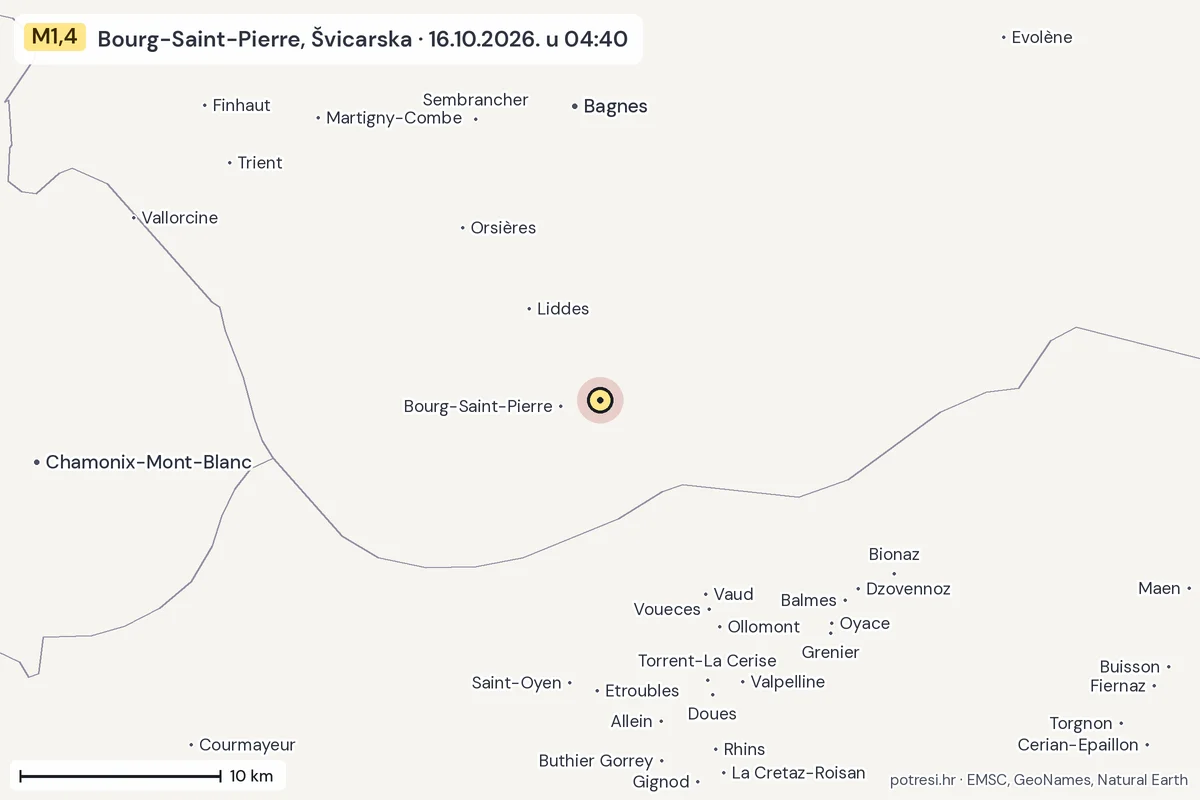 Karta: okolica epicentra, 60 km, potres M1,4, Bourg-Saint-Pierre, Švicarska, 16.10.2026.