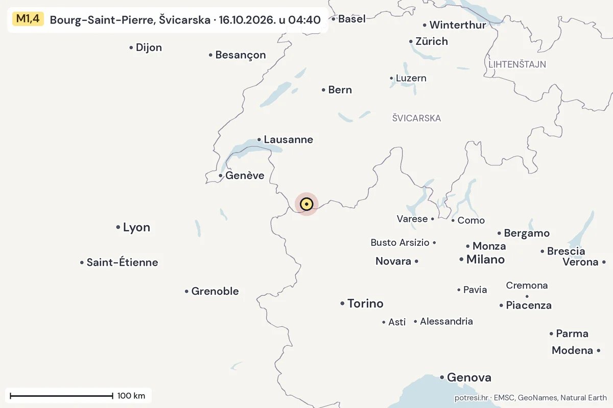 Karta: šire područje, 600 km, potres M1,4, Bourg-Saint-Pierre, Švicarska, 16.10.2026.