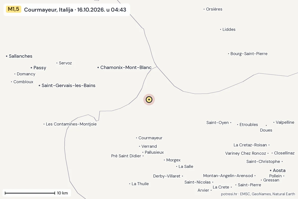Karta: okolica epicentra, 60 km, potres M1,5, Courmayeur, Italija, 16.10.2026.