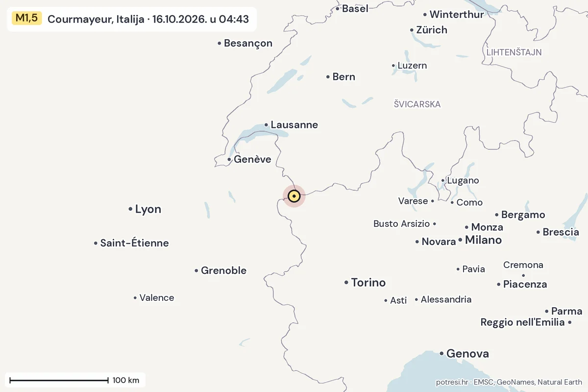 Karta: šire područje, 600 km, potres M1,5, Courmayeur, Italija, 16.10.2026.