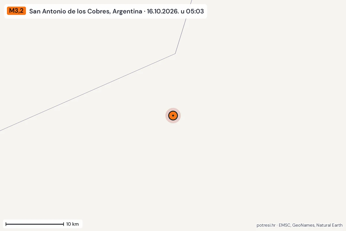 Karta: okolica epicentra, 60 km, potres M3,2, San Antonio de los Cobres, Argentina, 16.10.2026.