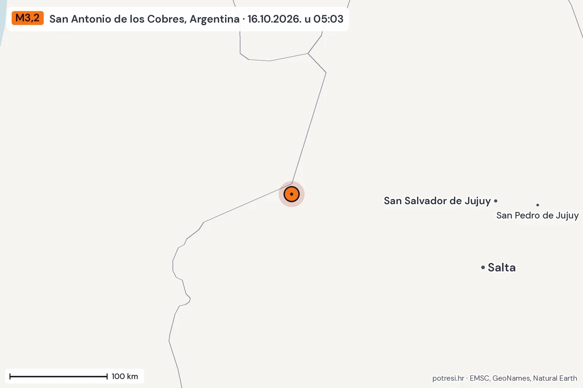 Karta: šire područje, 600 km, potres M3,2, San Antonio de los Cobres, Argentina, 16.10.2026.