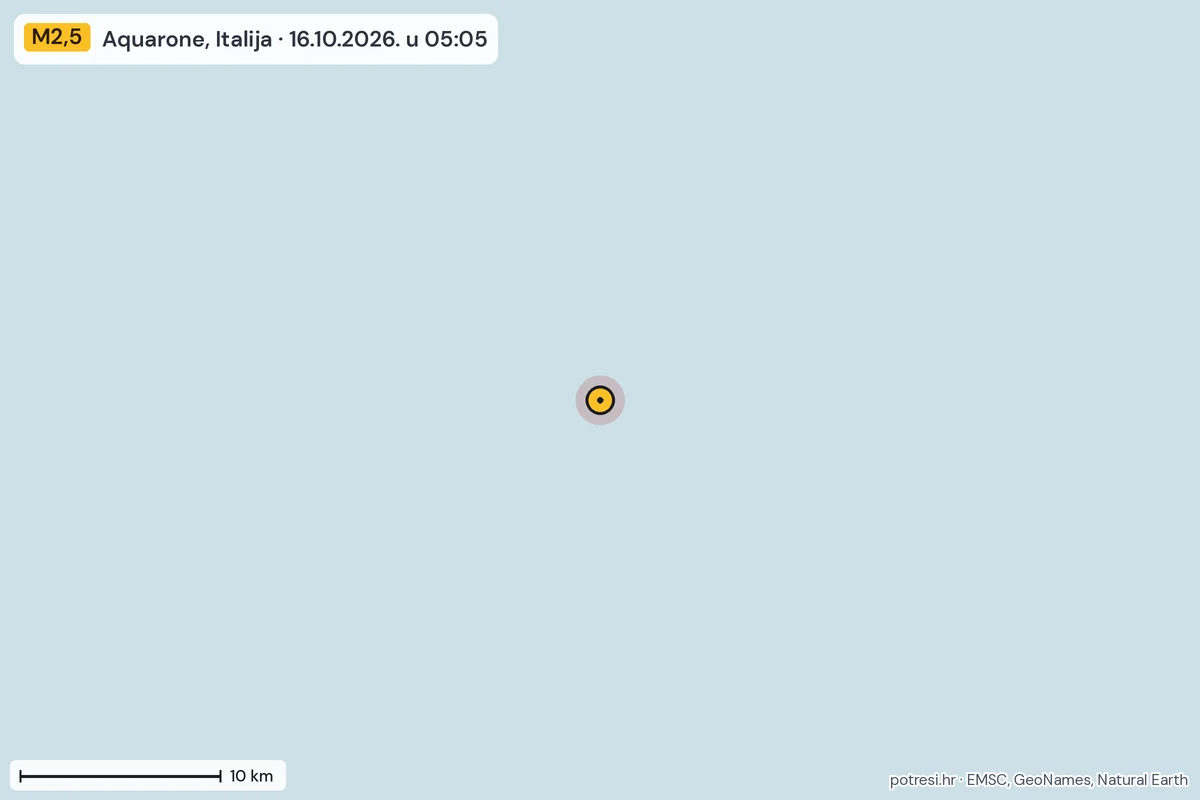 Karta: okolica epicentra, 60 km, potres M2,5, Aquarone, Italija, 16.10.2026.