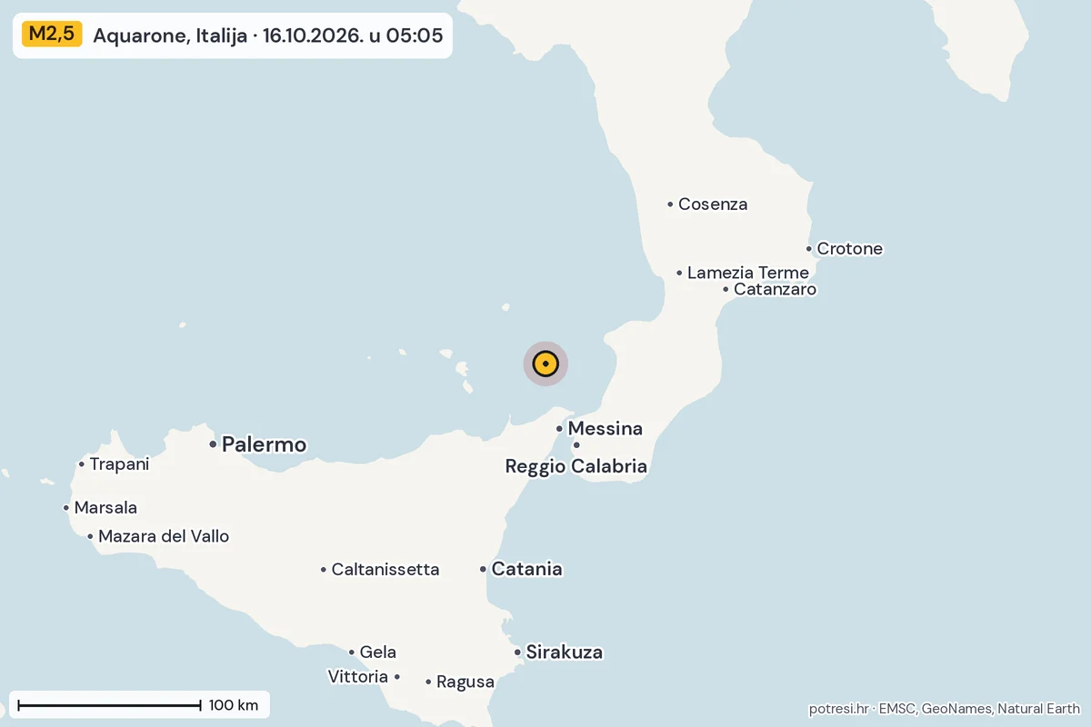 Karta: šire područje, 600 km, potres M2,5, Aquarone, Italija, 16.10.2026.