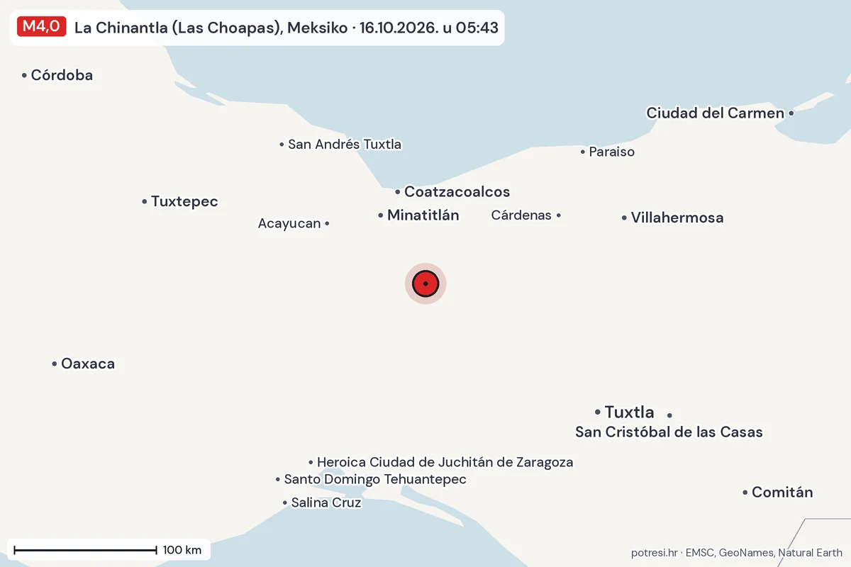 Karta: šire područje, 600 km, potres M4,0, La Chinantla (Las Choapas), Meksiko, 16.10.2026.