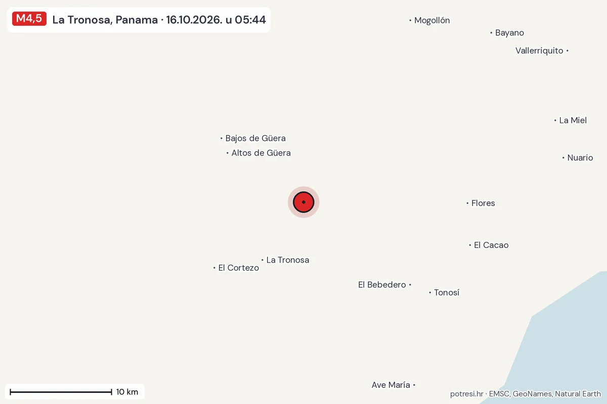 Karta: okolica epicentra, 60 km, potres M4,5, La Tronosa, Panama, 16.10.2026.