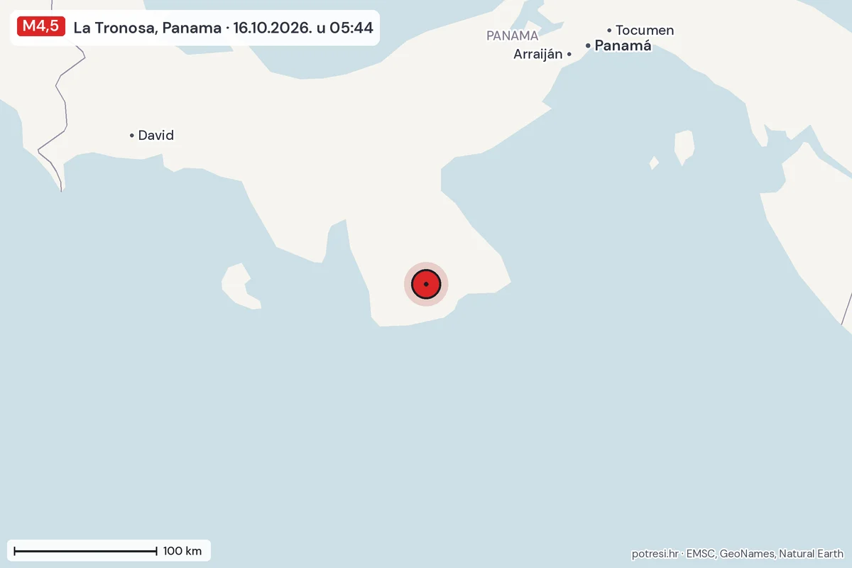 Karta: šire područje, 600 km, potres M4,5, La Tronosa, Panama, 16.10.2026.