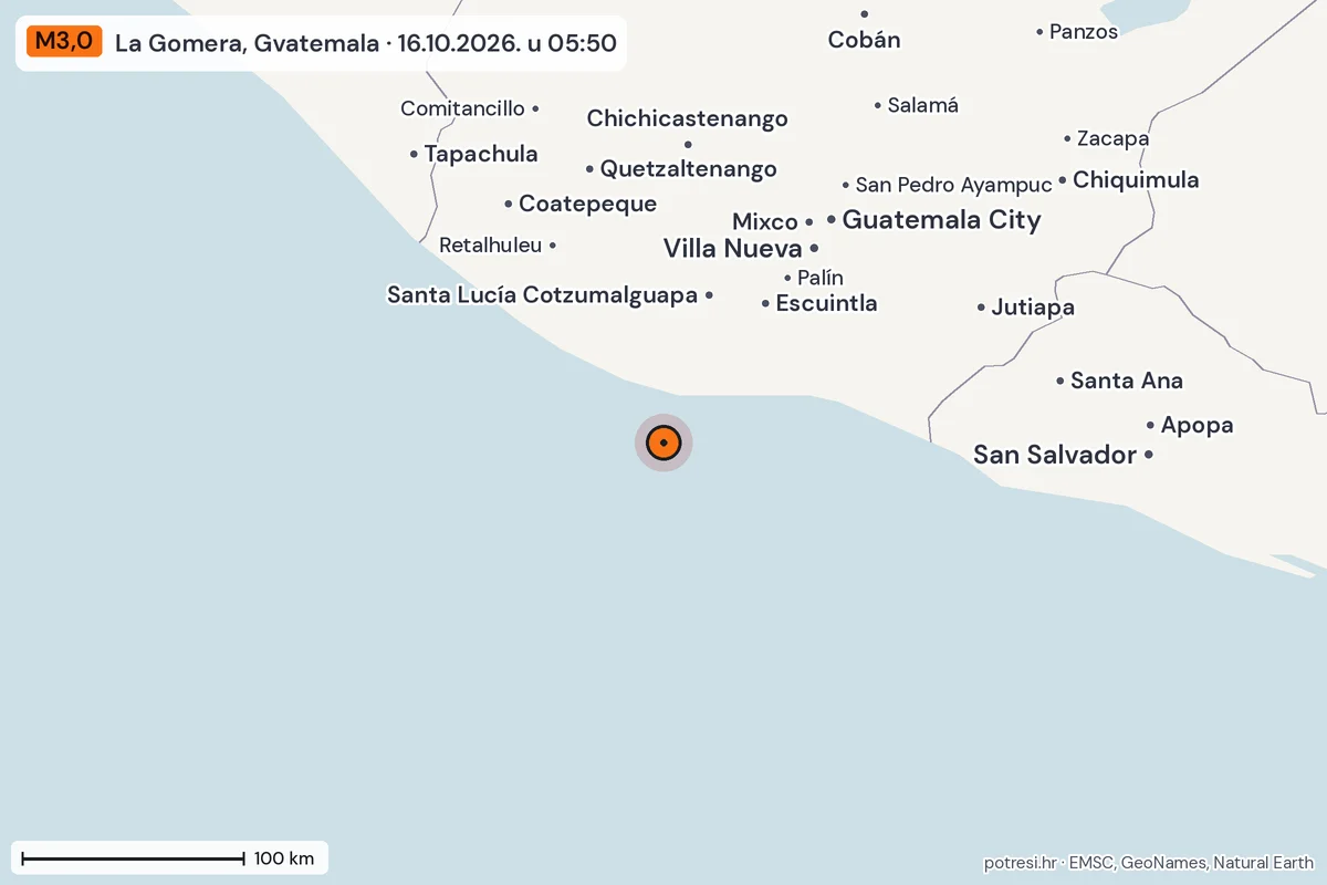 Karta: šire područje, 600 km, potres M3,0, La Gomera, Gvatemala, 16.10.2026.