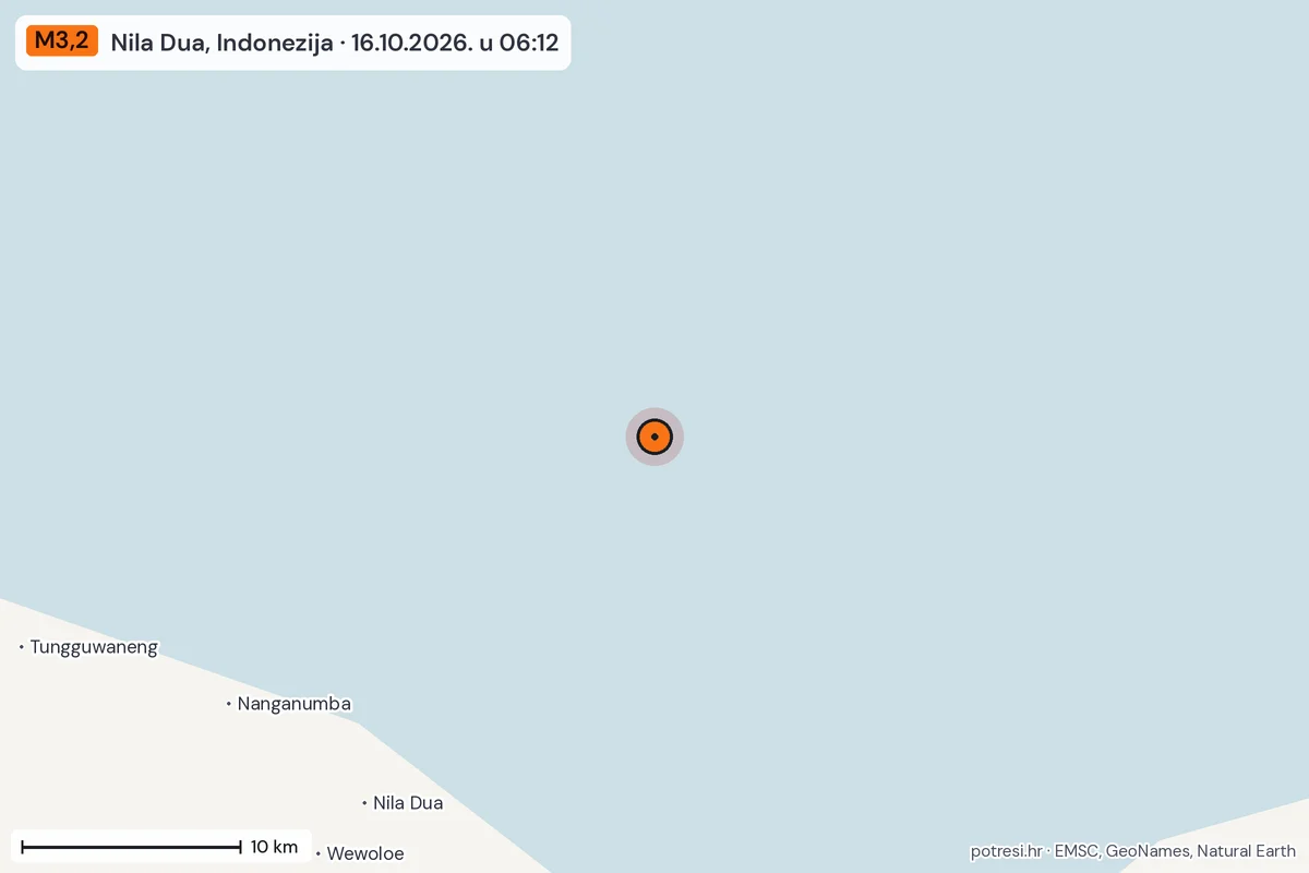 Karta: okolica epicentra, 60 km, potres M3,2, Nila Dua, Indonezija, 16.10.2026.