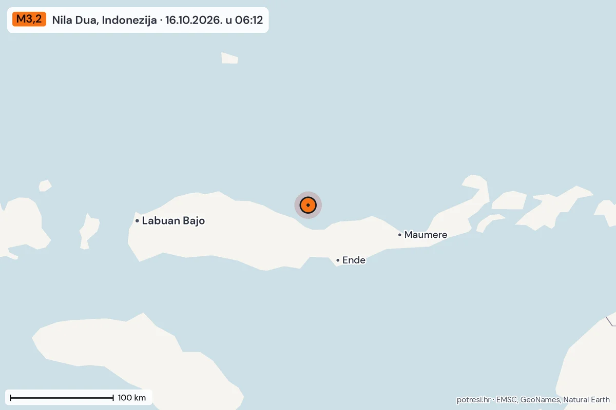 Karta: šire područje, 600 km, potres M3,2, Nila Dua, Indonezija, 16.10.2026.