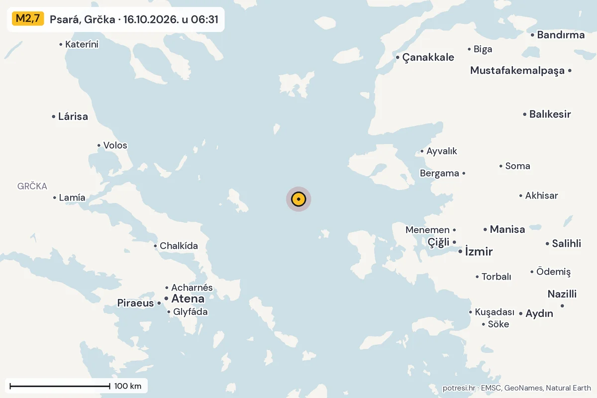 Karta: šire područje, 600 km, potres M2,7, Psará, Grčka, 16.10.2026.