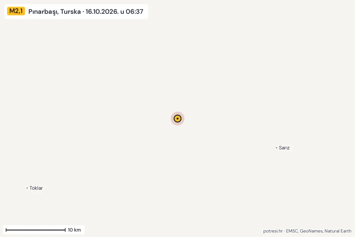 Karta: okolica epicentra, 60 km, potres M2,1, Pınarbaşı, Turska, 16.10.2026.