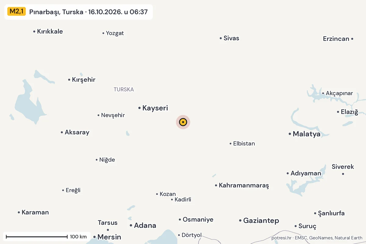 Karta: šire područje, 600 km, potres M2,1, Pınarbaşı, Turska, 16.10.2026.