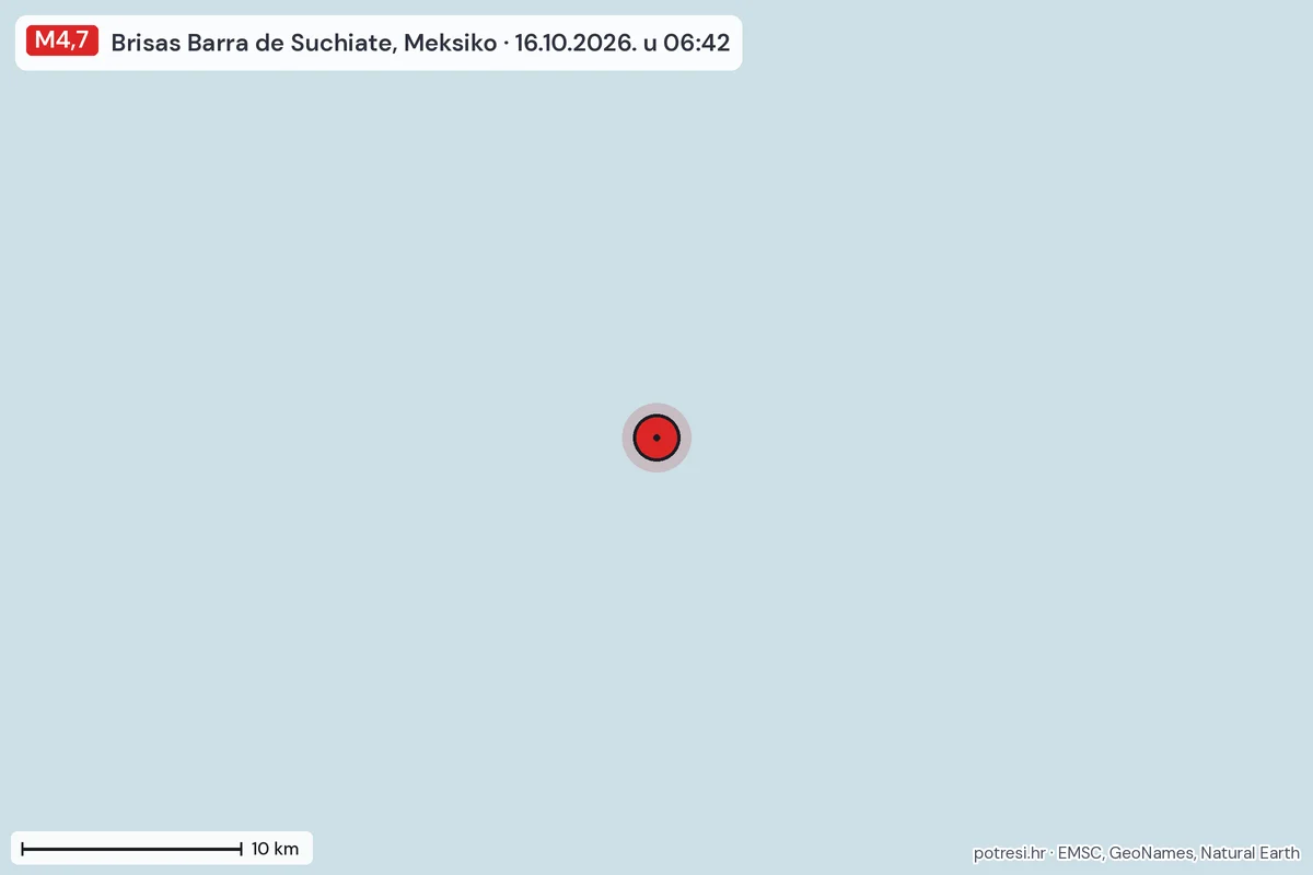 Karta: okolica epicentra, 60 km, potres M4,7, Brisas Barra de Suchiate, Meksiko, 16.10.2026.