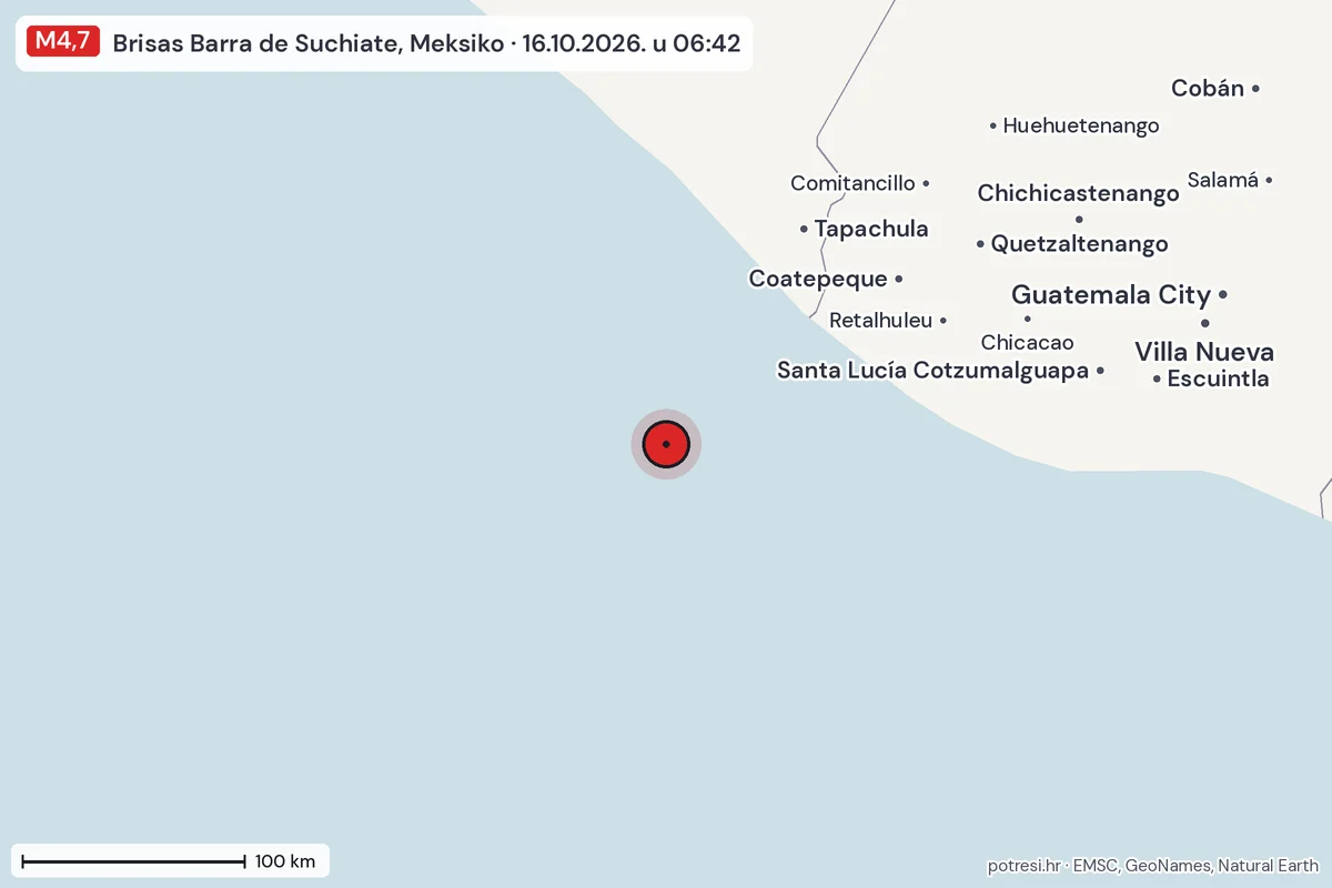 Karta: šire područje, 600 km, potres M4,7, Brisas Barra de Suchiate, Meksiko, 16.10.2026.