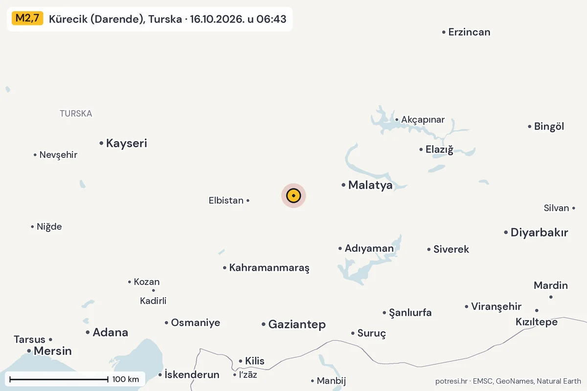 Karta: šire područje, 600 km, potres M2,7, Kürecik (Darende), Turska, 16.10.2026.