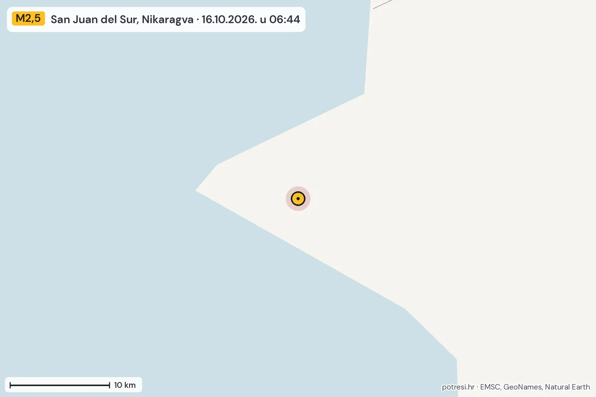 Karta: okolica epicentra, 60 km, potres M2,5, San Juan del Sur, Nikaragva, 16.10.2026.