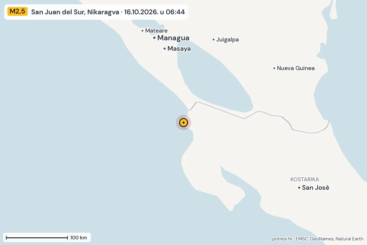 Karta: šire područje, 600 km, potres M2,5, San Juan del Sur, Nikaragva, 16.10.2026.