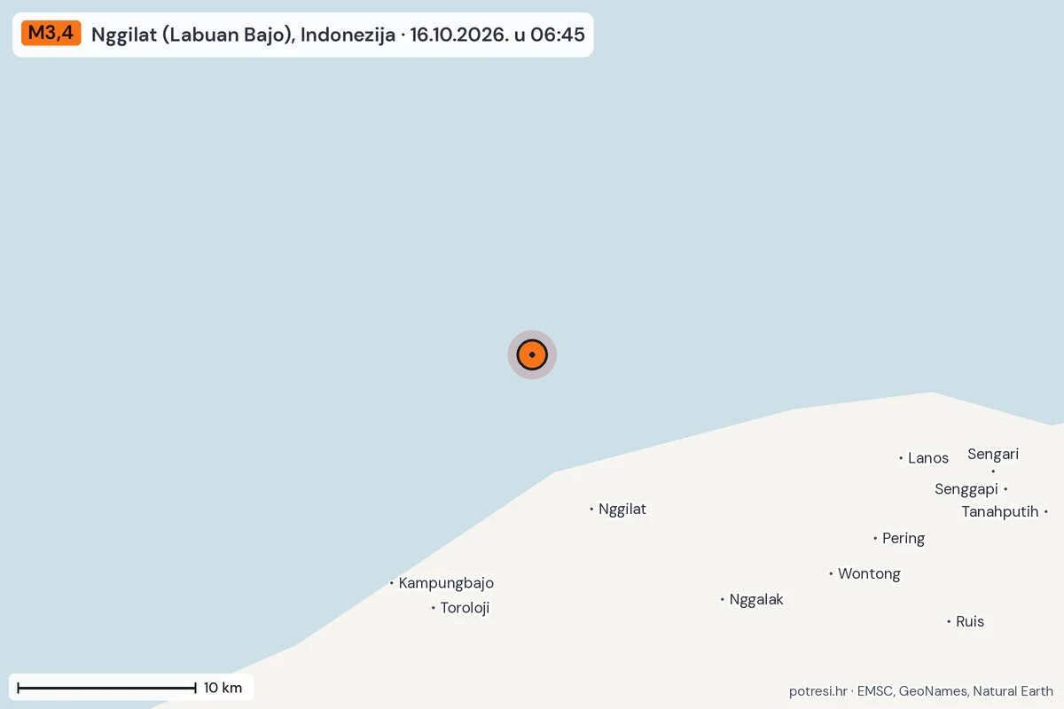 Karta: okolica epicentra, 60 km, potres M3,4, Nggilat (Labuan Bajo), Indonezija, 16.10.2026.