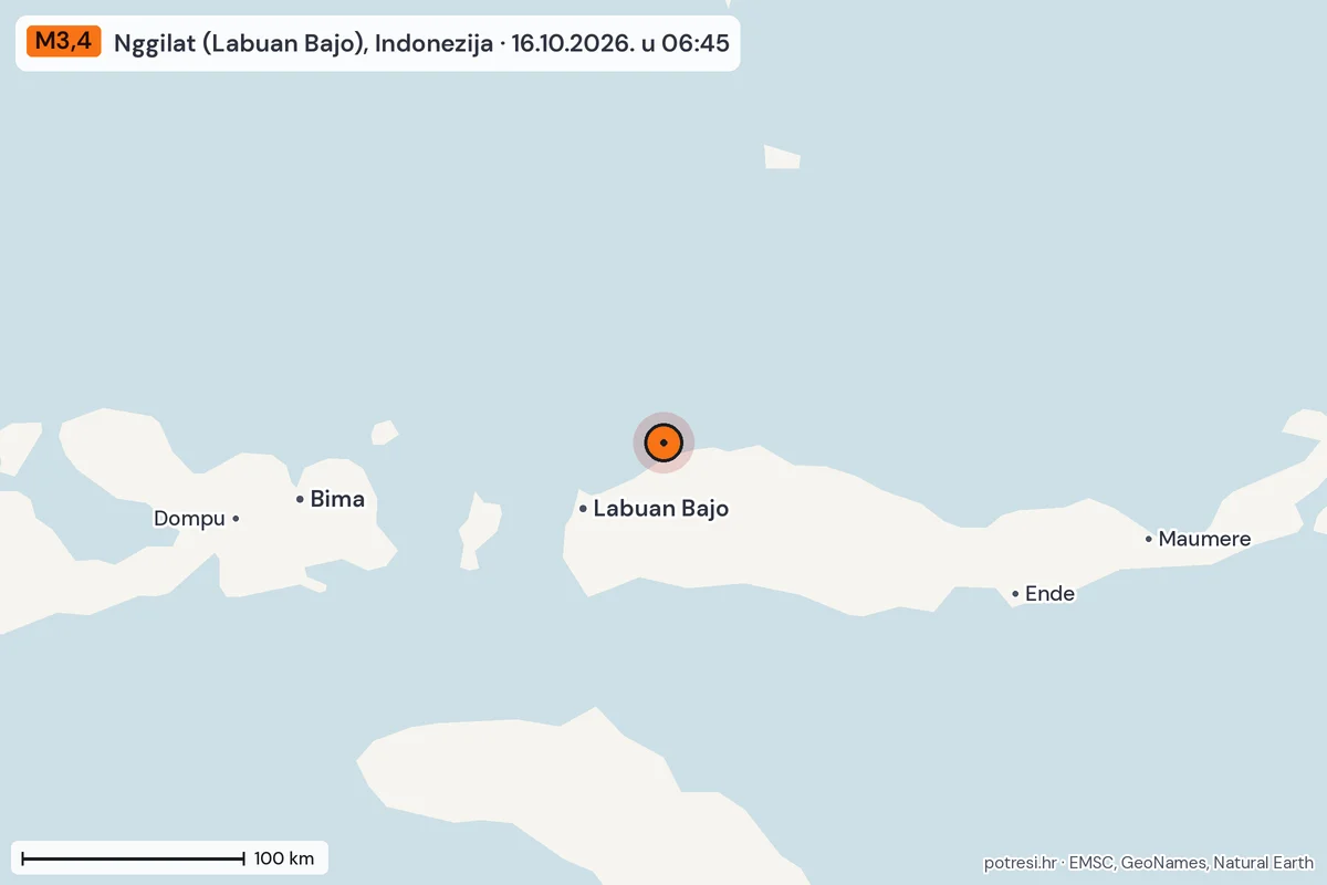 Karta: šire područje, 600 km, potres M3,4, Nggilat (Labuan Bajo), Indonezija, 16.10.2026.
