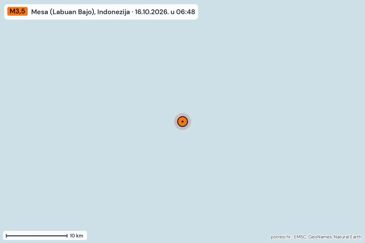 Karta: okolica epicentra, 60 km, potres M3,5, Mesa (Labuan Bajo), Indonezija, 16.10.2026.