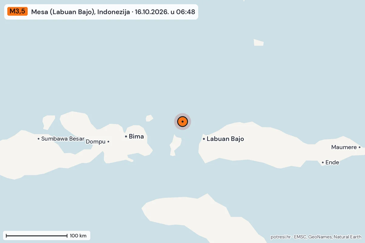 Karta: šire područje, 600 km, potres M3,5, Mesa (Labuan Bajo), Indonezija, 16.10.2026.