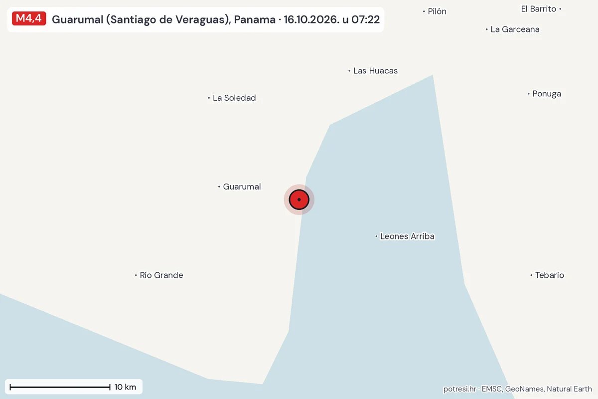 Karta: okolica epicentra, 60 km, potres M4,4, Guarumal (Santiago de Veraguas), Panama, 16.10.2026.