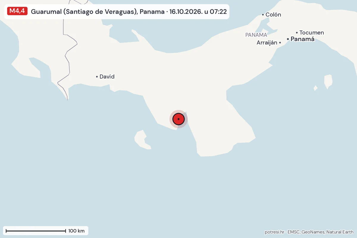 Karta: šire područje, 600 km, potres M4,4, Guarumal (Santiago de Veraguas), Panama, 16.10.2026.